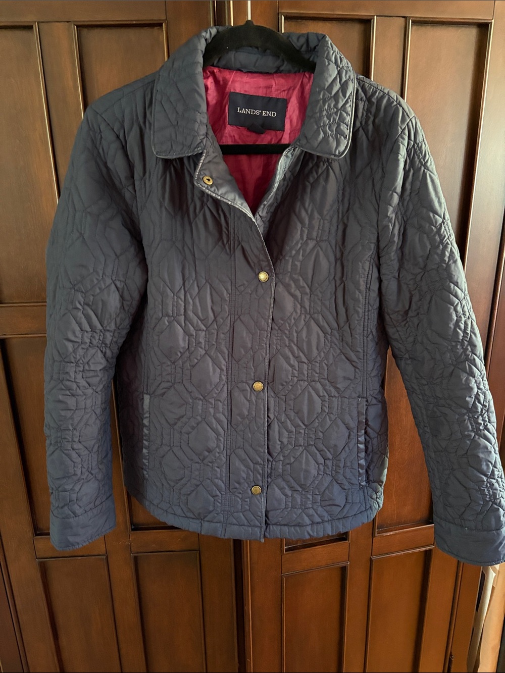 Lands' End Quilted Navy Jacket with Burgundy Lining
